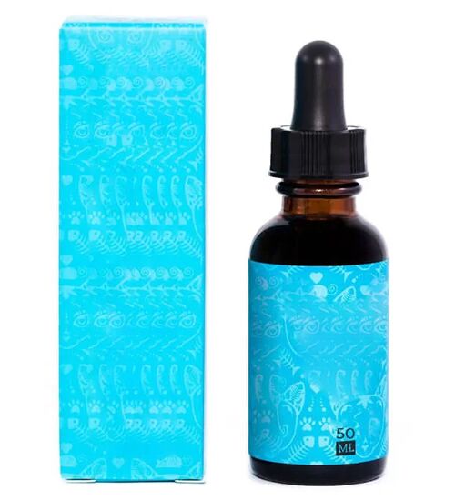 A 50ml amber dropper bottle with a matching blue printed box featuring decorative designs.